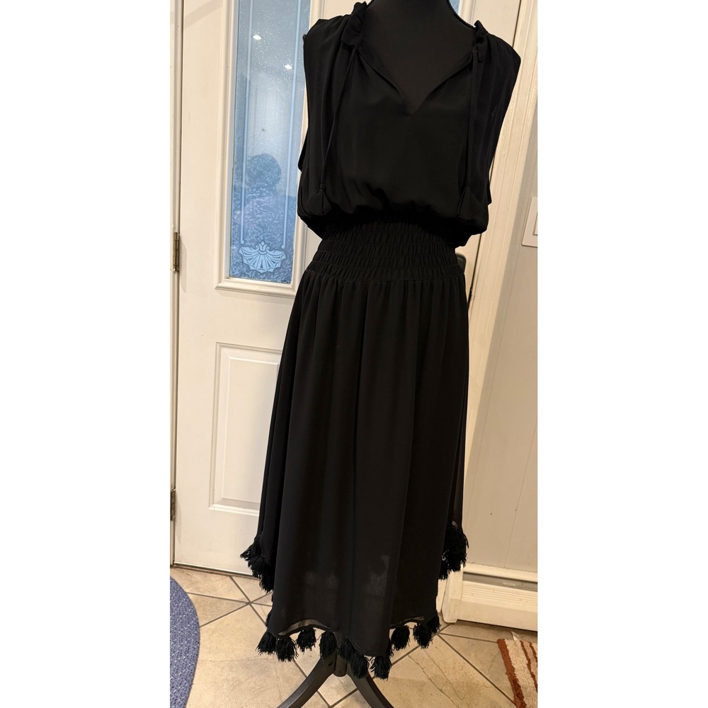 MISA Los Angeles Black Smocked Waist Tassel Hem Midi Dress Viscose